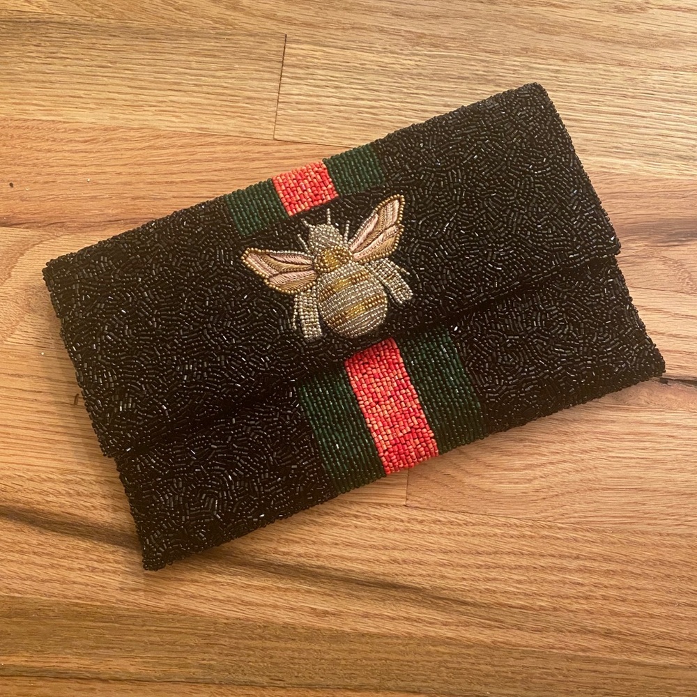 Beaded clutch Bee bag with chain strap